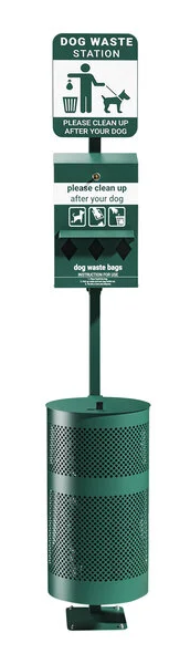 Green dog waste bag dispenser and disposal bin.