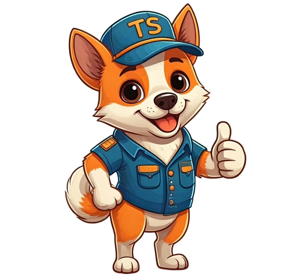 Happy cartoon dog in a blue uniform giving thumbs up.